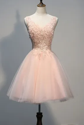 Blush Pink Lace Beaded Backless V-neck Homecoming Dresses  GY170
