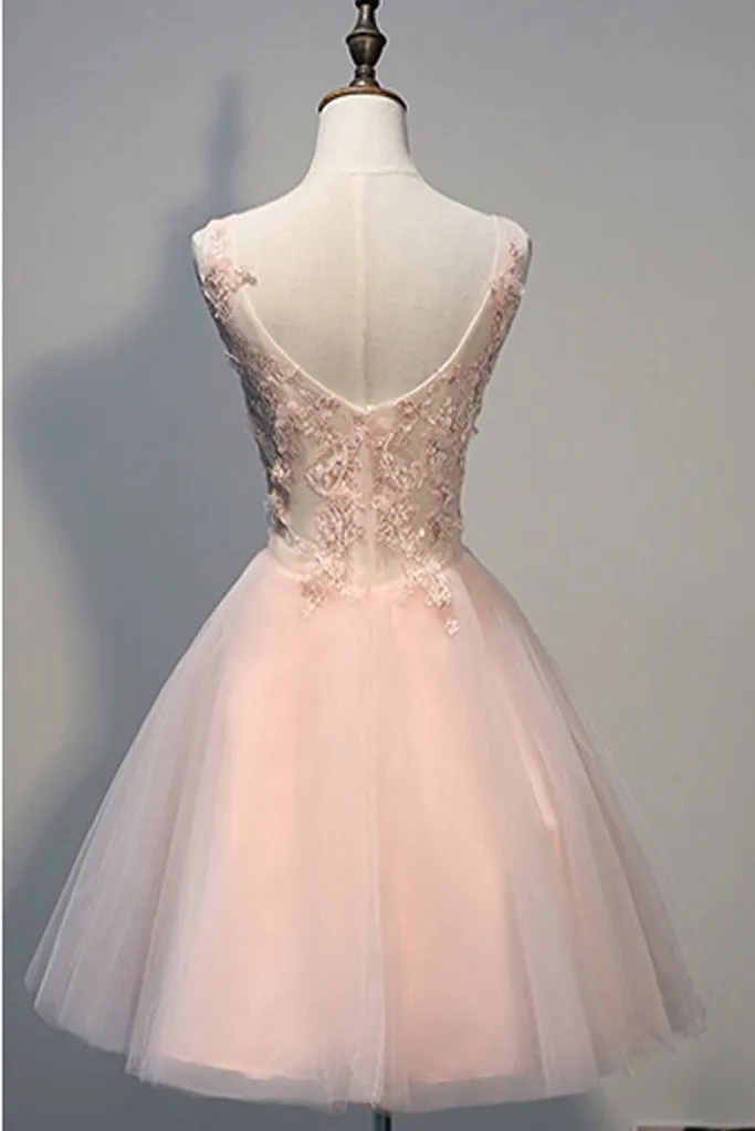 Blush Pink Lace Beaded Backless V-neck Homecoming Dresses  GY170