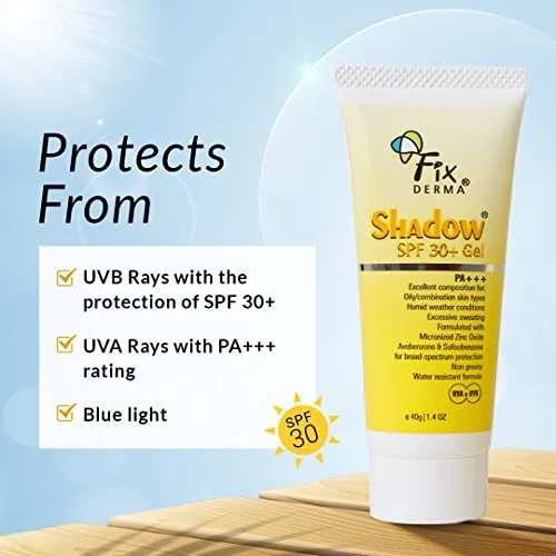Fixderma Shadow Sunscreen SPF 30  Gel | Sunscreen for Oily Skin | Sun Screen Protector SPF 30 | Sunscreen for Body & Face | Broad Spectrum Sunscreen for UVA & UVB Protection | Sunscreen for Women & Men | Non Greasy & Water Resistant - 40gm