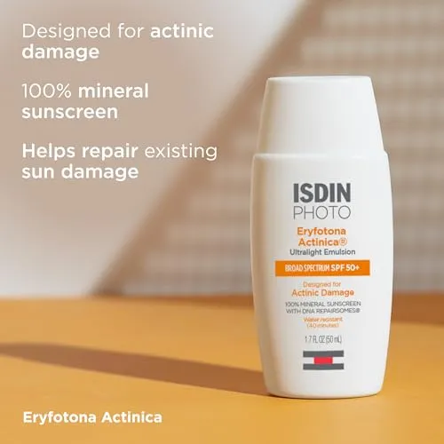 ISDIN Eryfotona Actinica Zinc Oxide and 100% Mineral Sunscreen Broad Spectrum SPF 50 , No White Cast, Suitable for Sensitive Skin, travel-size (1.7 Fl Oz)