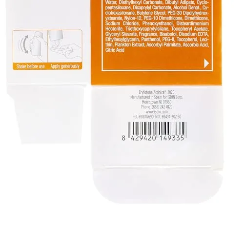 ISDIN Eryfotona Actinica Zinc Oxide and 100% Mineral Sunscreen Broad Spectrum SPF 50 , No White Cast, Suitable for Sensitive Skin, travel-size (1.7 Fl Oz)