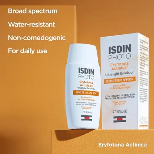 ISDIN Eryfotona Actinica Zinc Oxide and 100% Mineral Sunscreen Broad Spectrum SPF 50 , No White Cast, Suitable for Sensitive Skin, travel-size (1.7 Fl Oz)