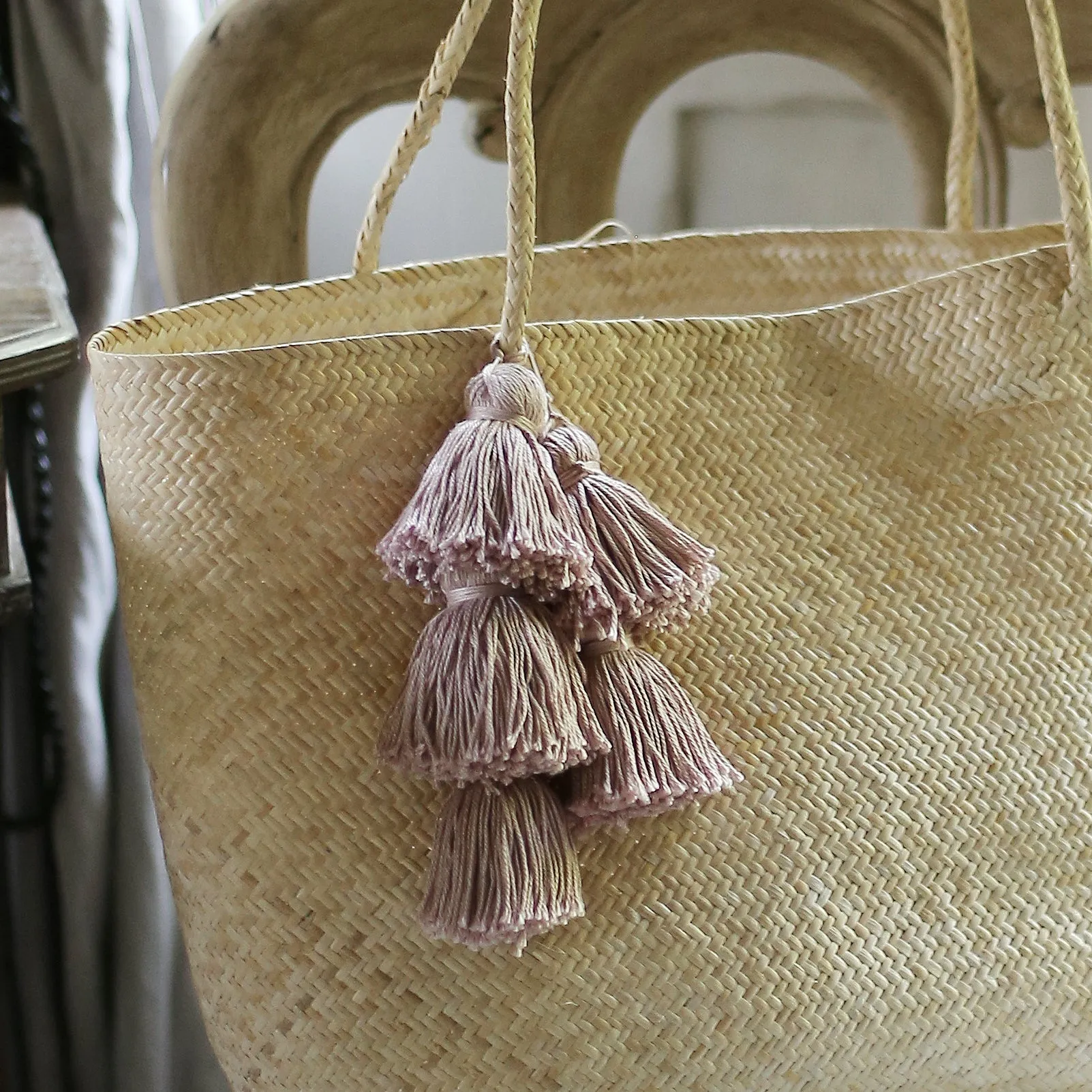 Straw Tote Bag - with Pale Blush Tassels